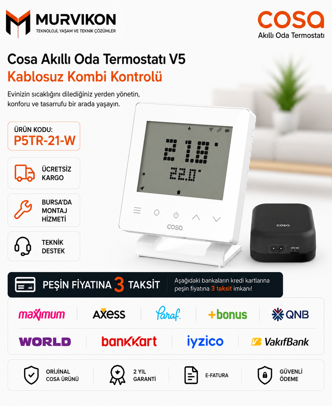 Cosa Akıllı Oda Termostatı Kablosuz Kombi Kontrolü v5 (Beyaz)