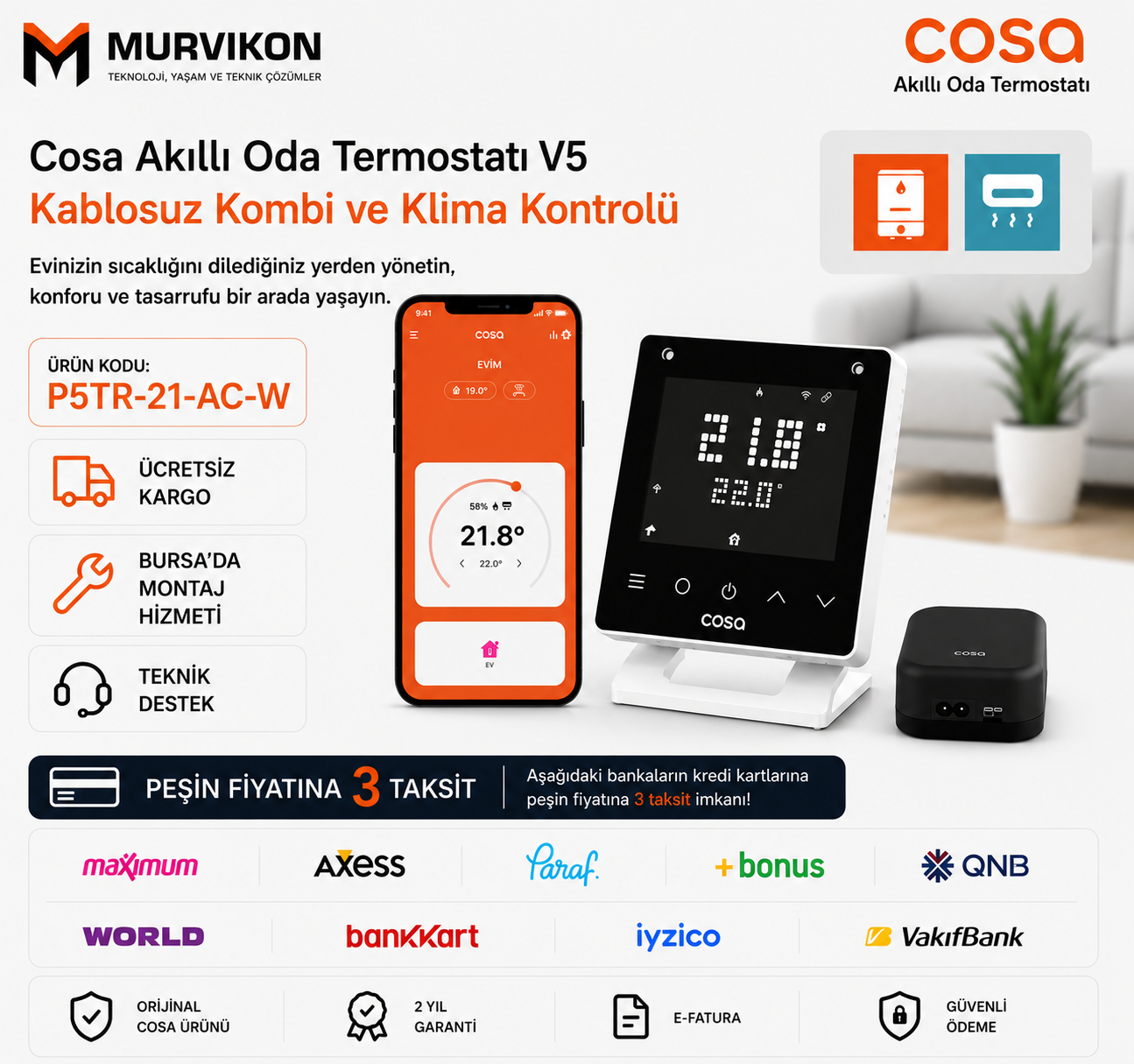 Cosa Akıllı Oda Termostatı Kablosuz Kombi ve Klima Kontrolü v5