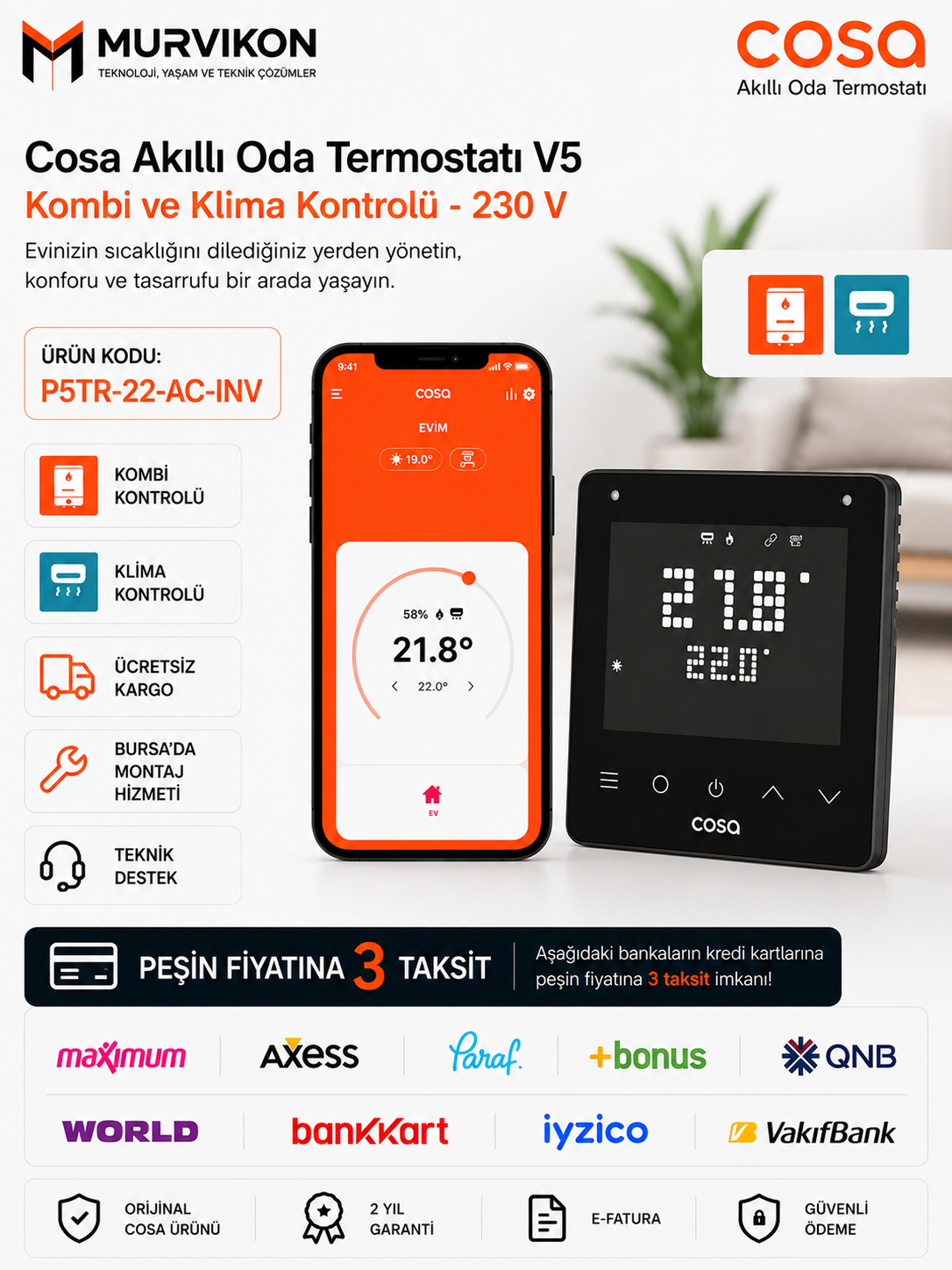 Cosa Akıllı Oda Termostatı Kablosuz Kombi ve Klima Kontrolü - 230V